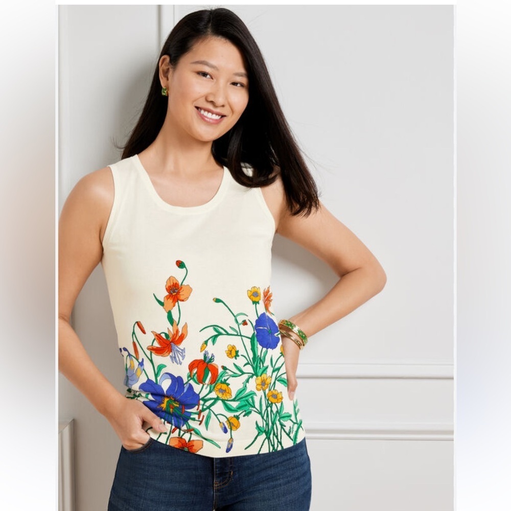 Talbots Cream Floral Tank with Blue, Orange and Green Print